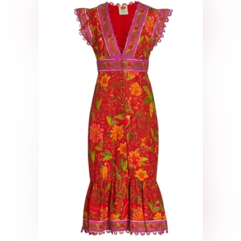 FARM Rio Red Floral Midi Dress with Pink Trim